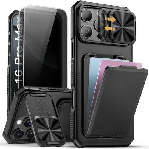 SSLOTSCASE for iPhone 16 Pro Max Case with 2X Privacy Screen Protector, Card Holder & Sliding Lens Cover & Kickstand, Military-Grade Heavy Duty Phone Case Cover for iPhone 16 Pro Max 6.9'', Black