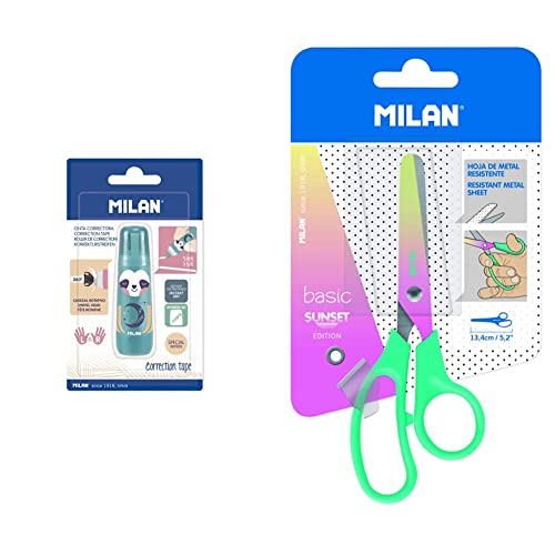 Blíster cinta correctora cilíndrica 5 mm x 6 m Cuddles MILAN, BWM10340CD & Blíster tijeras Basic edición Sunset, mango turquesa