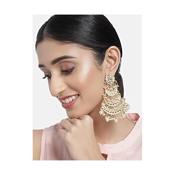 I Jewels 3 Layered Beaded Chandbali Earrings with Kundan and Pearl Work for Women (E2859-1) - Image 5