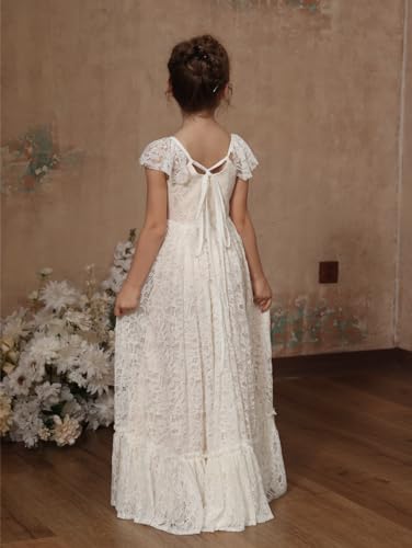 Girls Summer Boho Full Lace Flower Girl Dress Elegant Cap Sleeves Square Neck A-Line Long Wedding Party Dresses4