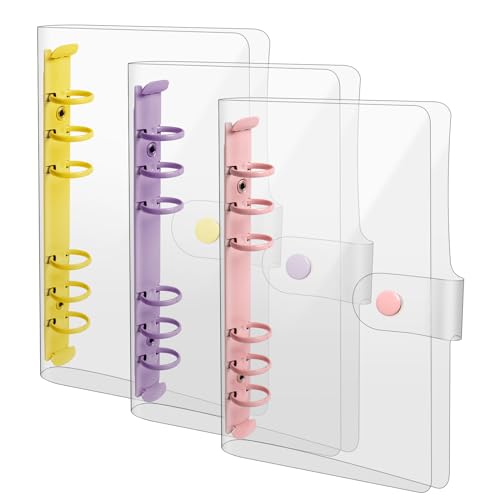 Anjmd 3 Pack A6 Soft PVC 6 Rings Binder Cover Clear Budget Binder Clear A6 6-Hole Planner Binder Cover Yellow Purple Pink Round Ring Binder Cover for Refillable Notebook