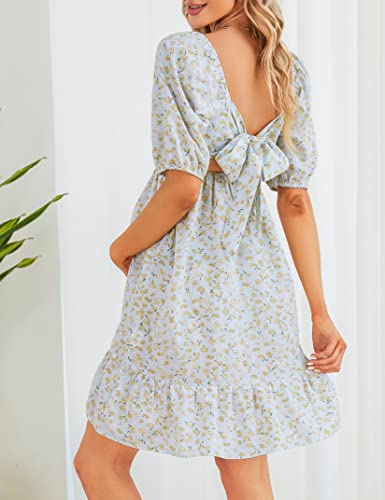 Kojooin Women Maternity Floral Ruffle Dress Summer Short Sleeve Tie Back Sundress A Line Gender Reveal Dress For Baby Shower Photoshoot, Sky Blue L #TOP2