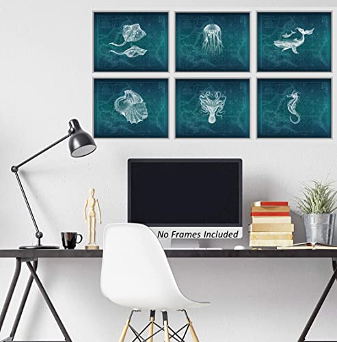 Nautical World Map Wall Art Decor Poster - Set Of 6 ( 8X10 Inch ) Teal Ocean Nautical Coastal Whale Seahorse Jellyfish Octopus Posters & Prints, Wall Art For Living Room, Office Decor, Nautical Wall Art By Zagly Wall Decor (Teal) #TOP5