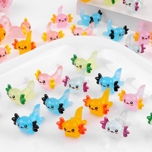 Mini Axolotl, 30 Pcs Luminous Mini Resin Axolotls, Tiny Animals Bulk Glow in The Dark Small Plastic Miniature Axolotls, Garden Landscape Aquarium DIY Decor(Multicolor)