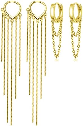 Gold Dangle Earrings Small Gold Hoops Earrings for Women 2 Pairs Huggie Hoop Earrings Chain Tassel Drop Earrings for Women Anniversary Birthday Gift for Girls