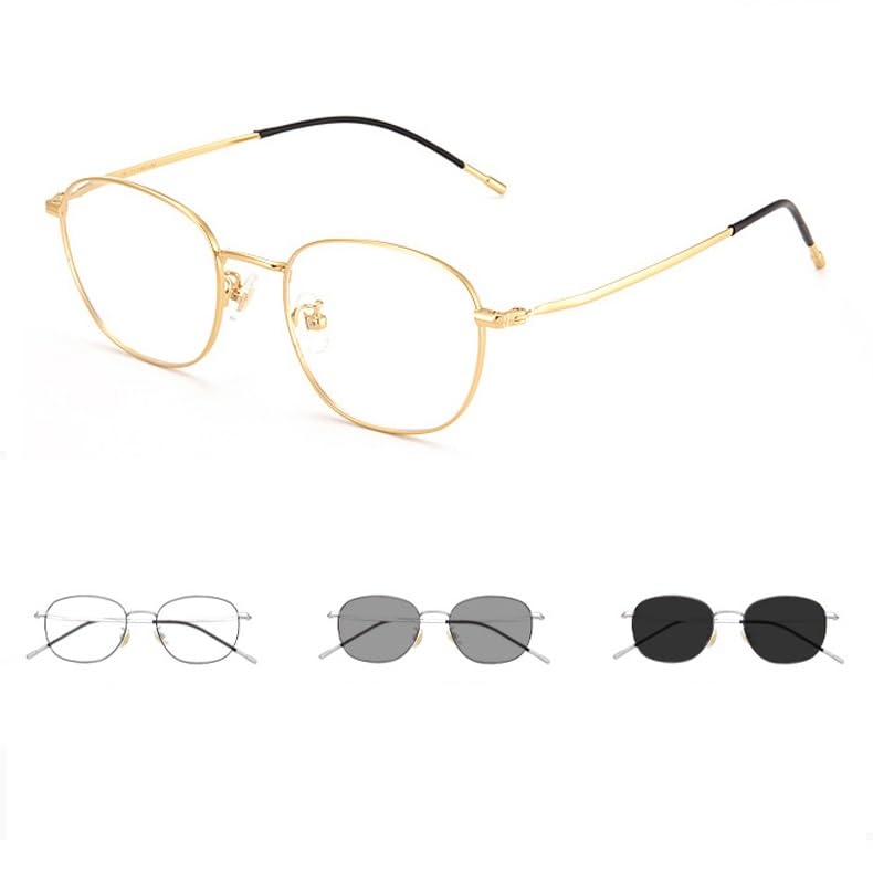 Selbsttönende Gleitsicht Sonnenbrille, Runde Metall Brillengestell Lesebrille, Computer Lesehilfe Nah Und Fern Dual-Use(Gold,+3.0)