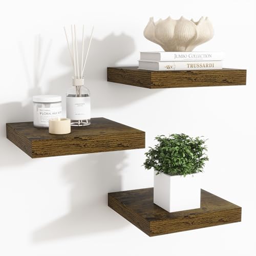 Fun Memories Floating Shelves for Wall - 7.5 Inch Square Shelves with Invisible Brackets, Small Wall Shelf for Living Room, Bathroom, Bedroom, and Kitchen Decor Brown Set of 3