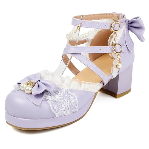 MJIASIAWA Mujer Mary Jane Punta Rojoonda Linda Plataforma Sandalias Lolita Correa de Tobillo Boda Fiesta Tacón Ancho Zapatos Lazos Purpura Talla 36 EU