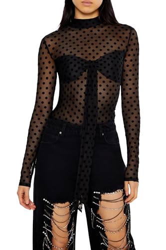 Forever 21 Women's Mesh Polka Dot Mock Neck Top, Black, M