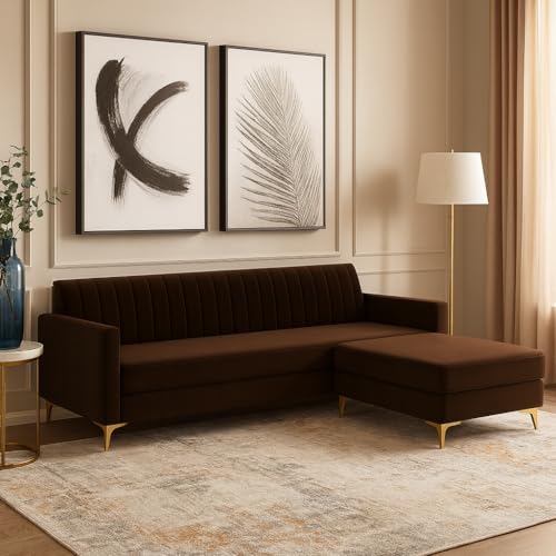 Image of SOCOZI Morello 4 Seater L Shape Sofa Set with Movable Ottoman | Flexible Left or Right Layout | Soft Velvet Suede Fabric | Modern Design | Plush Comfort Cushions for Living Room (Dark Brown)