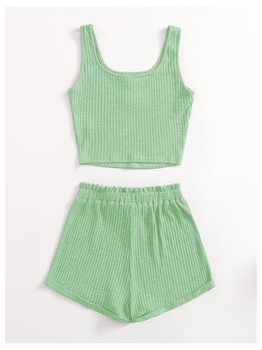 Image of RoseSeek Girl's 2 Piece Outfits Waffle Knit Scoop Neck Button Down Crop Tank Tops Paperbag Waist Track Shorts
