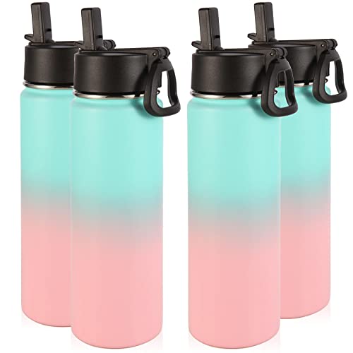 Image of Volhoply Insulated Water Bottles with Straw Bulk 4 Pack, 22 oz Stainless Steel Sports Bottle with Handle Lid,Double Walled Vacuum Metal Travel Water Cups Flask for School Hiking(Green Pink,4 Set)