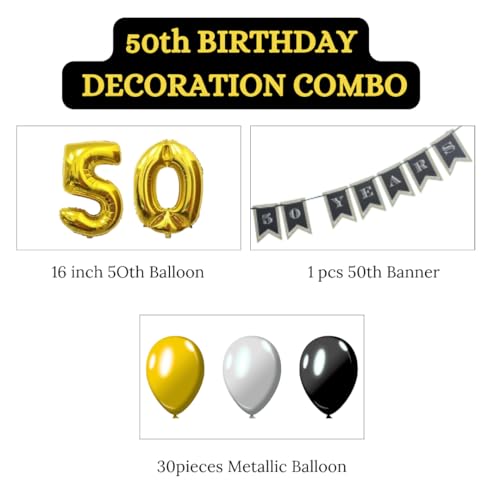 Image of Wanna Party Happy 50th Birthday Decorations Combo Kit - 33 pcs | Happy Birthday Decoration Kit | Men and Women |birthday banner | Gold, black and Silver Balloon | 50 numerical Gold Balloon