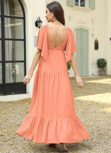 Image of Kikibell Women Summer Dresses Sexy V-Neck Maxi Dress Tiered Silhouette with Flutter Sleeve Backless Elastic Waist Flowy Dress