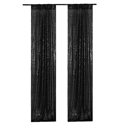 Poise3EHome 2ft x 8ft Black Sequin Photography Backdrop Curtains 2 Panels for Party Decoration, Black