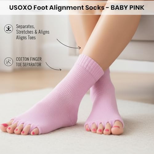 Image of Foot Alignment Socks|Cotton Finger Toe Separator|Easing Bunion Hammertoe And Arthritis Pain Relief|Improving Posture & Increasing Flexibility|Free Size For Office Yoga Men & Women (Baby Pink)