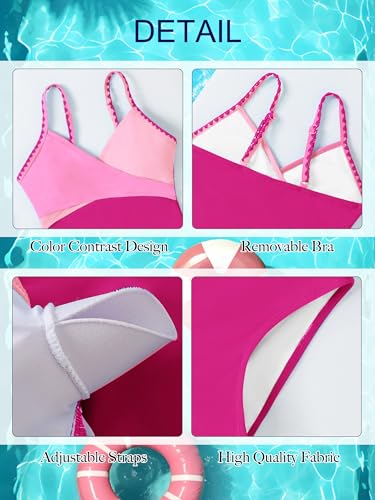 AMAWMW Kids Girls One Piece Swimsuits Contrast Color Cross Bathing Suit Adjustable Straps Girls Swimwear Rose Red 11-12Y — view 5