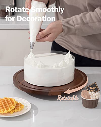 Fun Elements Rotating Cake Stand With Dome, Acacia Wood Cake Plate | Lazy Susan With Acrylic Lid For Table, Cheese Board & Serving Tray For Baked Goods In Kitchen | Ideal Gift Choice #TOP3
