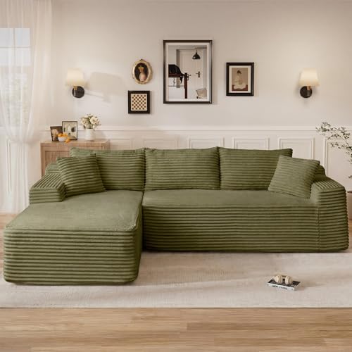 Image of 95 inch L Shaped Cloud Boneless Sectional Couches for Living Room, Modern Comfy Modular Deep Seat Memory Foam Compressed Corduroy Sofa Oversized Left Facing Chaise, No Assembly Required, Green