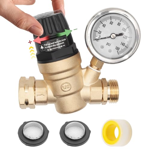 Image of RV Water Pressure Regulator for RV Camper, Handle Adjustable RV Water Pressure Regulator, Brass Lead-Free RV Water Pressure Regulator with 0-160 PSI Gauge and 2 Inlet Screened Filters