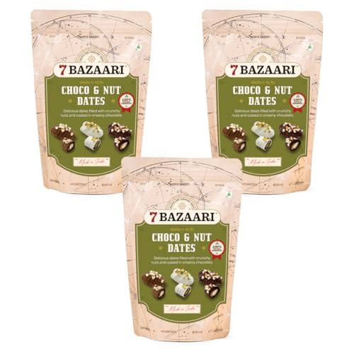 Image of 7 BAZAARI Premium Choco & Nut Dates - No Added Sugar, Gluten Free, Natural Ingredients - Assorted Almond Dark Chocolate, Cashew Milk Chocolate, (Pack of 3 (30pcs)