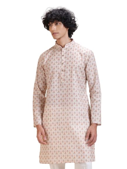 Men’s Cream Jacquard Kurta with Buta Motif | Mandarin Collar | Woven Silk Blend | Knee Length Straight Fit | Festive & Ethnic Wear-picture-24