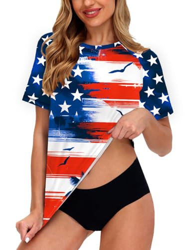 Image of AOBUTE Women Short Sleeve Rash Guard UPF 50+ Tropical Sun Protection Floral Swim Shirts