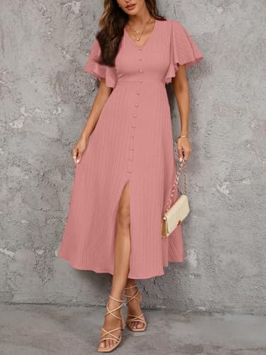 Image of Shasmi Girl's & Women's Pleated Midi Dress with Flutter Sleeves | V-Neck Western Dress for Women | Elegant A-Line Summer Outfit | Office & Casual Wear (Dress 244)