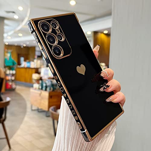 DEFBSC Coque pour Samsung Galaxy S22 Ultra, Fashion Cute Side Love Heart Plating Edge Phone Case Antichoc Soft TPU Back Cover Protective Case with Heart Pattern for Samsung Galaxy S22 Ultra - Le Noir Cover