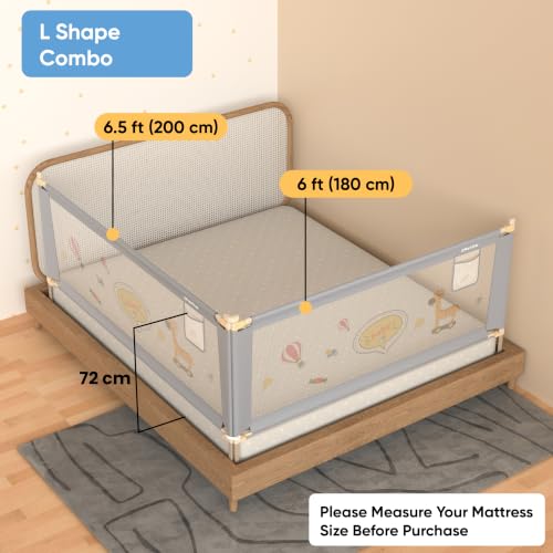 Image of Cherilo Bed Rail Guard for Baby Safety | (6.5ft x 6ft / 200cm x 180cm), 2 Side | Foldable & Height Adjustable | Breathable Mesh, Kids-Friendly Prints | Grey (Pack of 2)