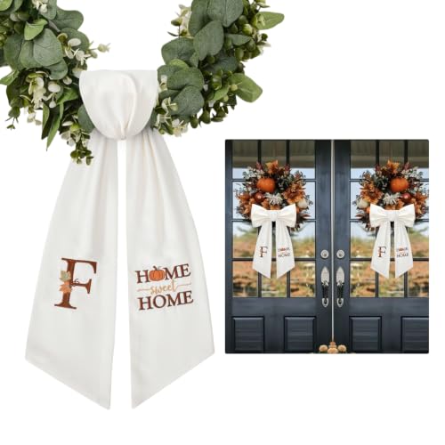 2 Pcs Fall Wreath Sash for Front Door Monogrammed Pumpkin Ribbon Sash Embroidery Wreath Sash for Autumn Thanksgiving Yard Outdoor Indoor Doorway Decor (F)