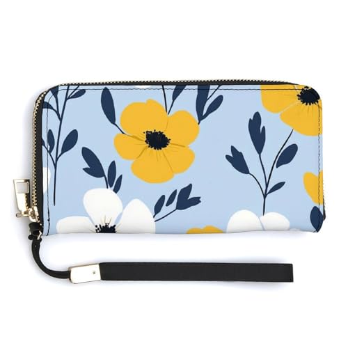 Yellow And White Flowers PU Leather Clutch Long Bifold Wallet, Coin Purse Credit Pass Case, Durable Card-Holder Money Storage for Women Men