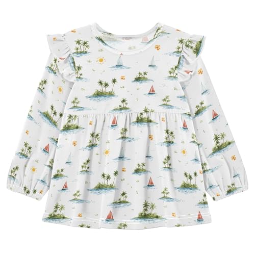 Palm Trees Sailboat Sun Girls Shirts Cotton Long Sleeve Ruffle Toddler Tee Tops