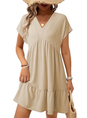 Acelitt Women's Summer Dresses 2026 Beach Casual Deep V Neck Loose Sundress Short Sleeve Mini Dress with Pockets Cowgirl Outfits for Women Parchment X-Large