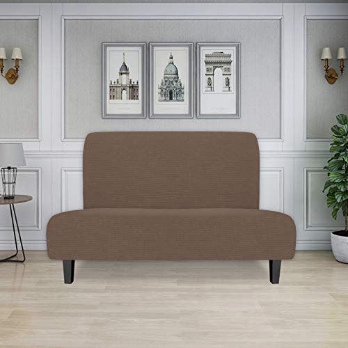 Image of Easy-Going Stretch Medium Futon Slipcover Armless Futon Cover Brown | Sofa Bed Furniture Protector Without Armrests with Elastic Bottom for Kids, Soft Jacquard Machine Washable