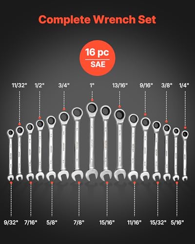 Image of VEVOR Combination Wrench Set, 16-Piece SAE Sizes, 72 Teeth, Cr-V Steel Ratcheting Wrench Set, with Roll Up Pouch, Open End, Clear Size Labels, for General Household and Automotive Repairs, Silver