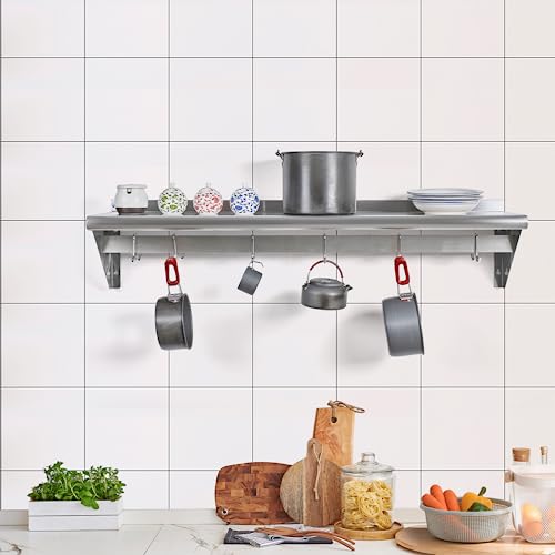 Image of Hally Stainless Steel Shelf with 4 Hooks 12 inch x 24 inch Wall Mounted Pot Rack, NSF Commercial Floating Shelving for Storage Hanging Pots, Pans, cookware in Restaurant, Kitchen, Home and Hotel