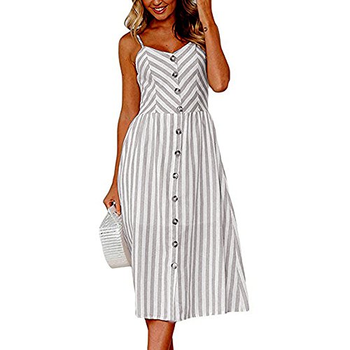 Jujunshangmao Vestido de praia listrado floral com alças finas e botões, Cinza, Small