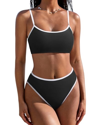 SUUKSESS Women High Waisted Two Piece Bikini Sets Cheeky High Cut Bandeau Swimsuits Push Up Bathing Suit(Black and White,M)