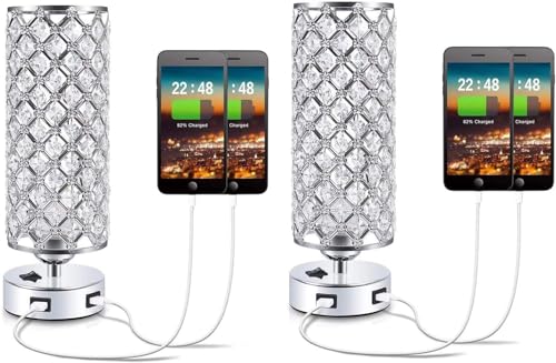 Crystal Table Desk Lamp,Set of 2, Modern Bedside Table Lamp, Nightstand Decorative Room Table Lamp, Sliver Lamp Shade Night Light Fixture for Living Room/Bedroom/Dining Room/Kitchen