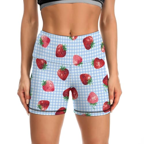 Cute Strawberry On Blue Plaid High Waist Yoga Shorts for Women Athletic Shorts Leggings Running Pants