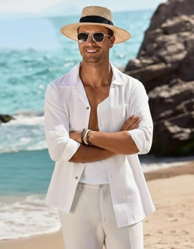 Image of Combo of Men's Casual Cotton Blend Shirt || Long Sleeve Button Down with Spread Collar | Lightweight Breathable Fabric | Stylish Solid Shirt for Beach, Office & Everyday Wear Pack of 2
