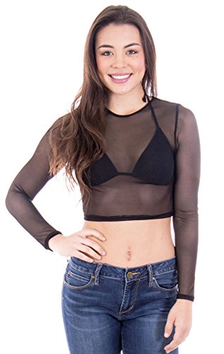 MESMER Long Sleeve Power Mesh Crop Top, Black M