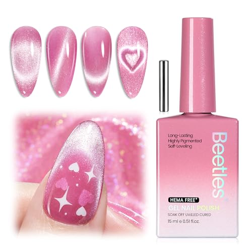 Image of Beetles Sugar Swirl Pink Cat Eye Gel Nail Polish - 15ML Full Size Pink Cat Eye Gel Polish Glitter Magnetic Translucent Glassy Effect Soak Off UV French Nail Art Manicure Gifts for Wome