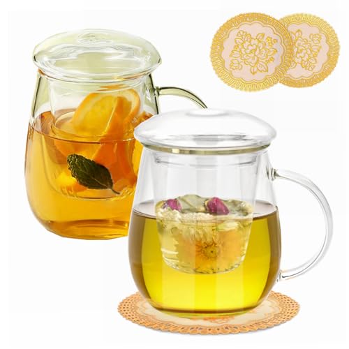 ANWONE Juego de 2 tazas de té de cristal transparente con infusor y tapa, para hojas de té sueltas, té de frutas, café, bolsas de té, 500 ml, con exquisito tapete para taza, apto para microondas y