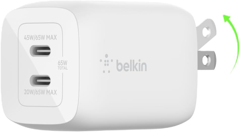 Belkin Bloque de cargador USB C dual GaN de 65 W, carga rápida para viajes | Carga rápida PD 3.0, Samsung Galaxy S26, iPhone 17, Air, Pro, Pro Max, iPad, MacBook, AirPods