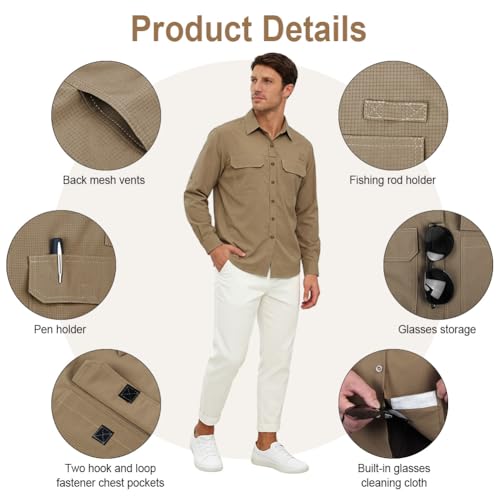 BSBUY Hemd Herren Safari -Atmungsaktiv Langärmlig Button Down Hemd, Casual Regular Fit Outdoorhemd, Schnelltrocknend Funktionshemd Schutz für Wanderhemd Angeln Safari Reisen Golf, Braun, L