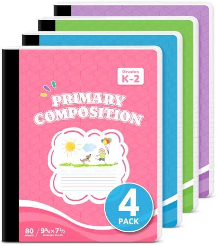 Taja 4 Pack Primary Composition Notebook K-2, Cute Composition Book Primary Ruled, 9-3/4