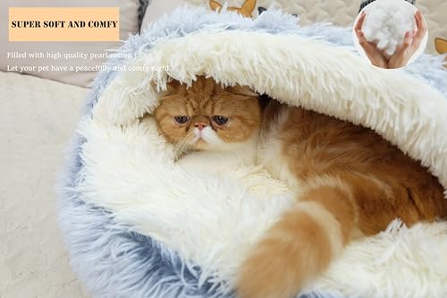 ZaneSun Calming Round Dog Bed & Cat Cave with Hooded Cover, Plush Fluffy Anti-Anxiety Bed, Waterproof Bottom Washable (Grey, 20x20inch) - Image 3