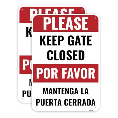 2PC Keep Gate Closed Sign Bilingual 10 x 7 Inches - Aluminum - Please Close Gate Dog Sign